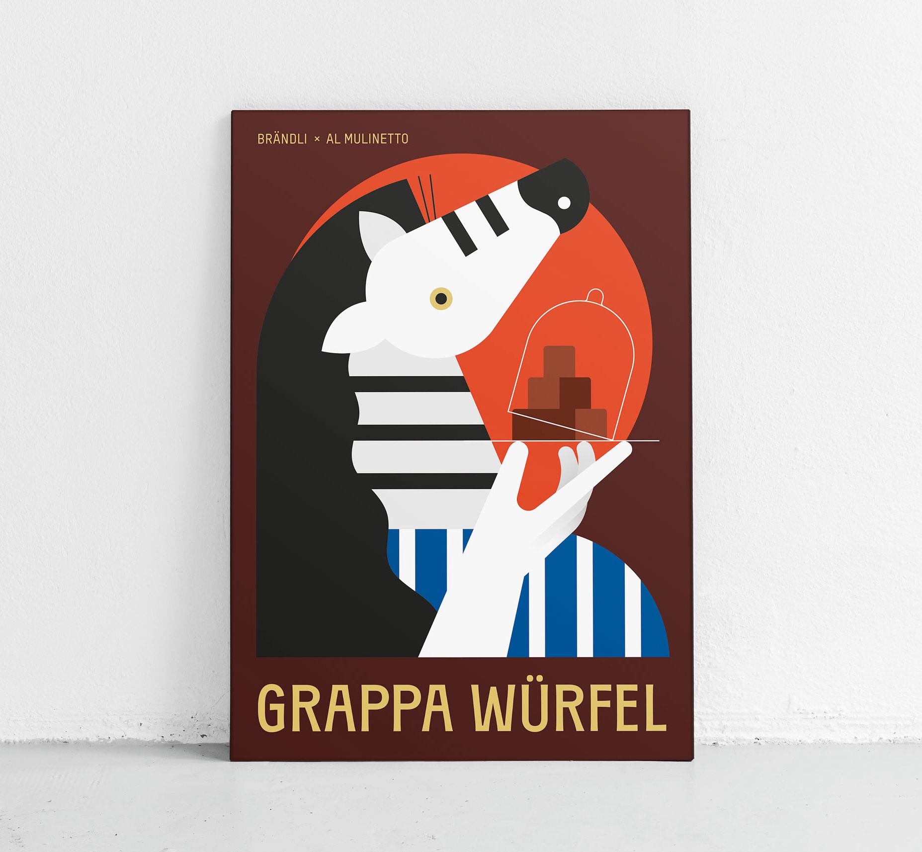 Grappa Würfel Kunstplakat im Mockup Al Mulinetto und Confiserie Brändli